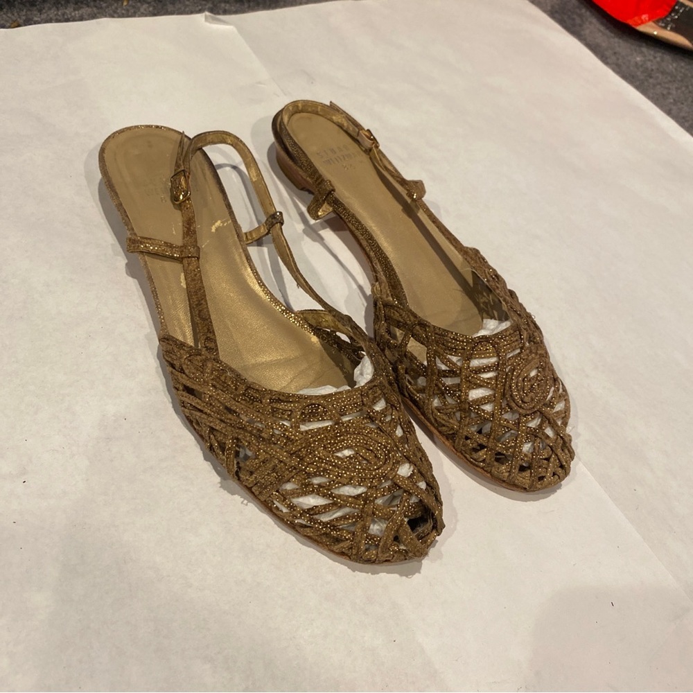 (1) Trendy Pair Of Gold Stuart Weitzman Sling-Black Flats Women’s Size 8.5